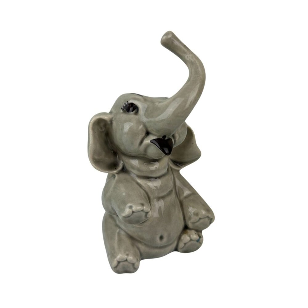 Elephant Figurine Ceramic Arts Studio Pottery Gray Eyelashes Vintage Trunk Up